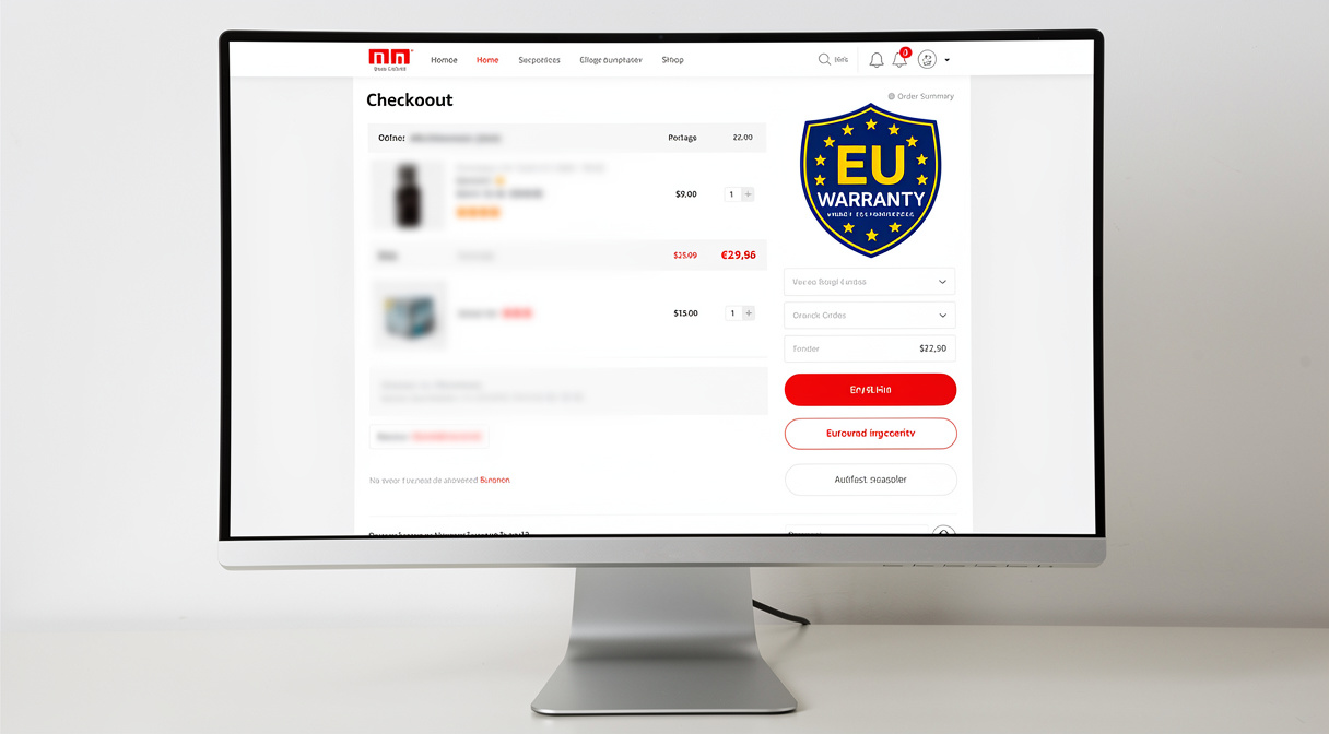 Onlineshop-Checkout mit EU-Gewährleistungslabel vor dem Kaufabschluss