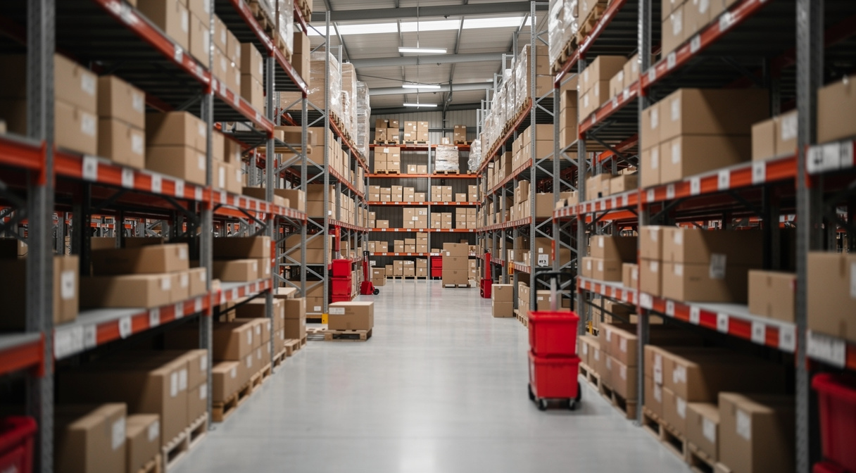 Versandkartons im Lager eines Online-Händlers – lizenzierungspflichtige Verpackungen